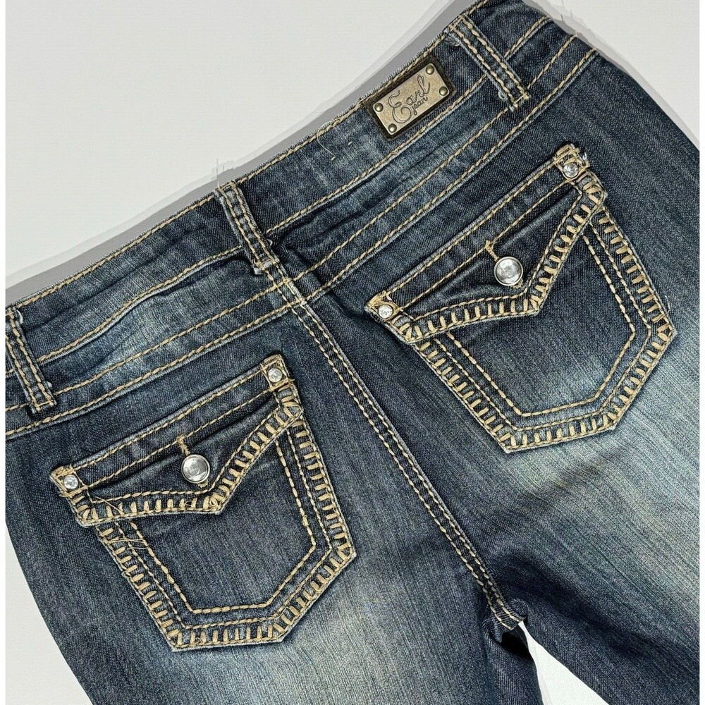 Earl Dark Wash Mid Rise Jeans Rhinestones Flap Pockets Women Size 4 (J5)